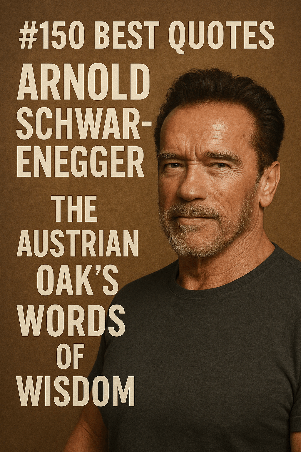  a stylized book cover for “150 Best Quotes by Arnold Schwarzenegger: The Austrian Oak’s Words of Wisdom.” 