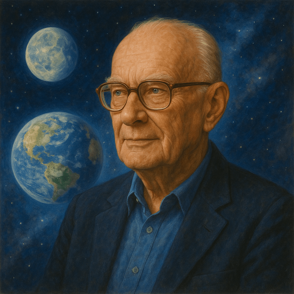 a traditional-style oil or acrylic portrait of Sir Arthur C. Clarke. He is depicted as an elderly man with a calm, contemplative expression. His features include a high forehead, balding head, and large round eyeglasses. Clarke wears a dark blazer over a blue collared shirt, emphasizing a thoughtful and intellectual presence.