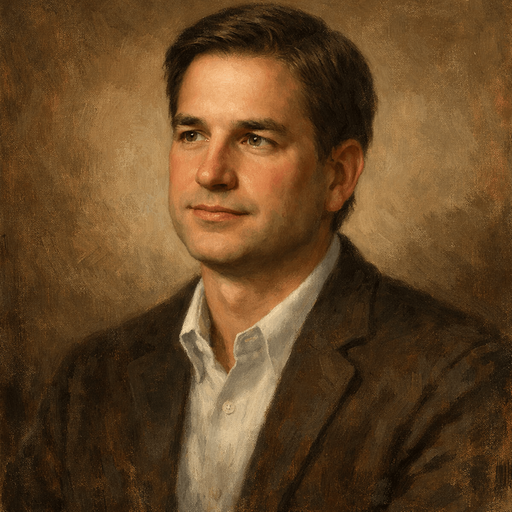 An oil painting of Cal Newport