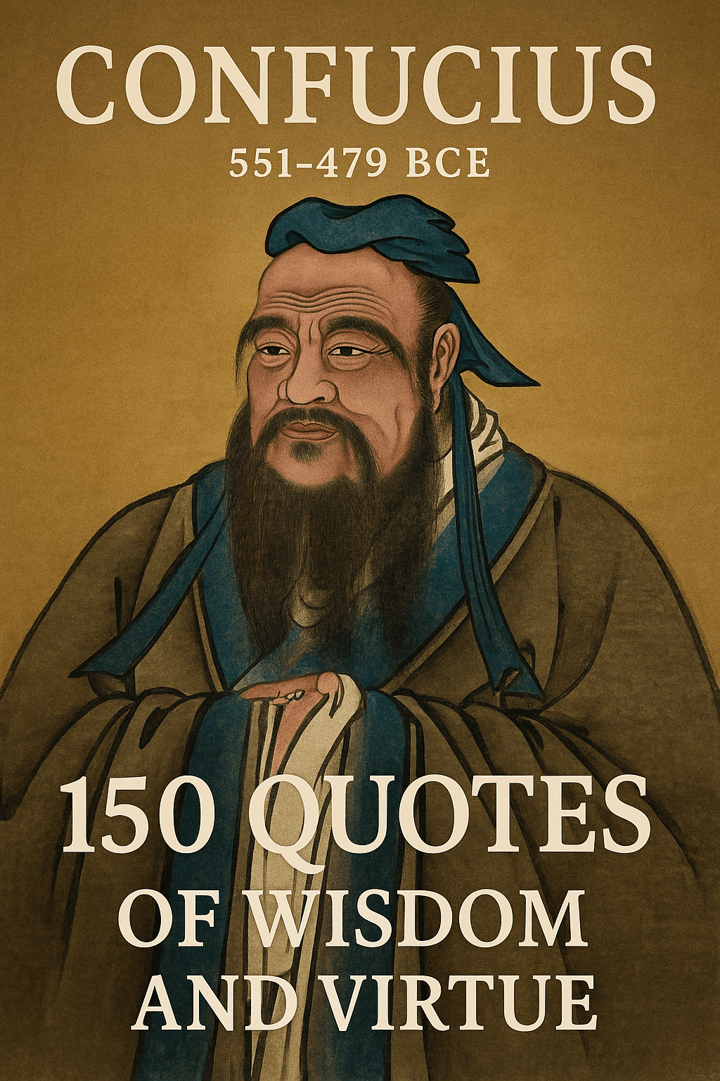a book cover featuring a classical, stylized portrait of Confucius, the ancient Chinese philosopher. He is depicted in traditional attire with a blue-gray inner robe and an orange-brown outer garment. His expression is wise and contemplative, with a long, dark beard, high forehead, and serene eyes—reflecting his role as a revered teacher and moral guide.