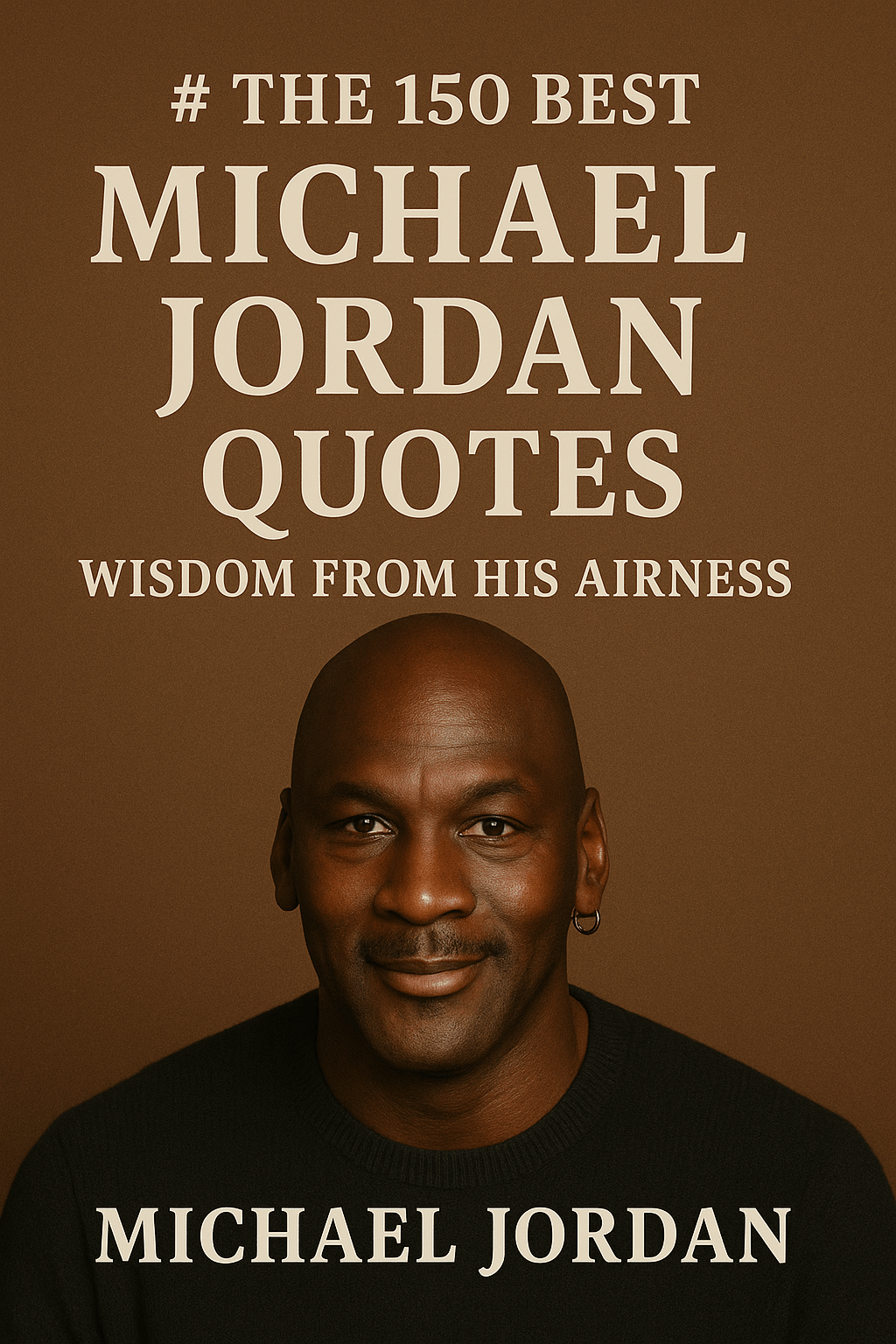 book cover titled “The 150 Best Michael Jordan Quotes: Timeless Wisdom for Peace and Change.”  The background is a warm brown tone, giving the image a grounded and classic feel.
