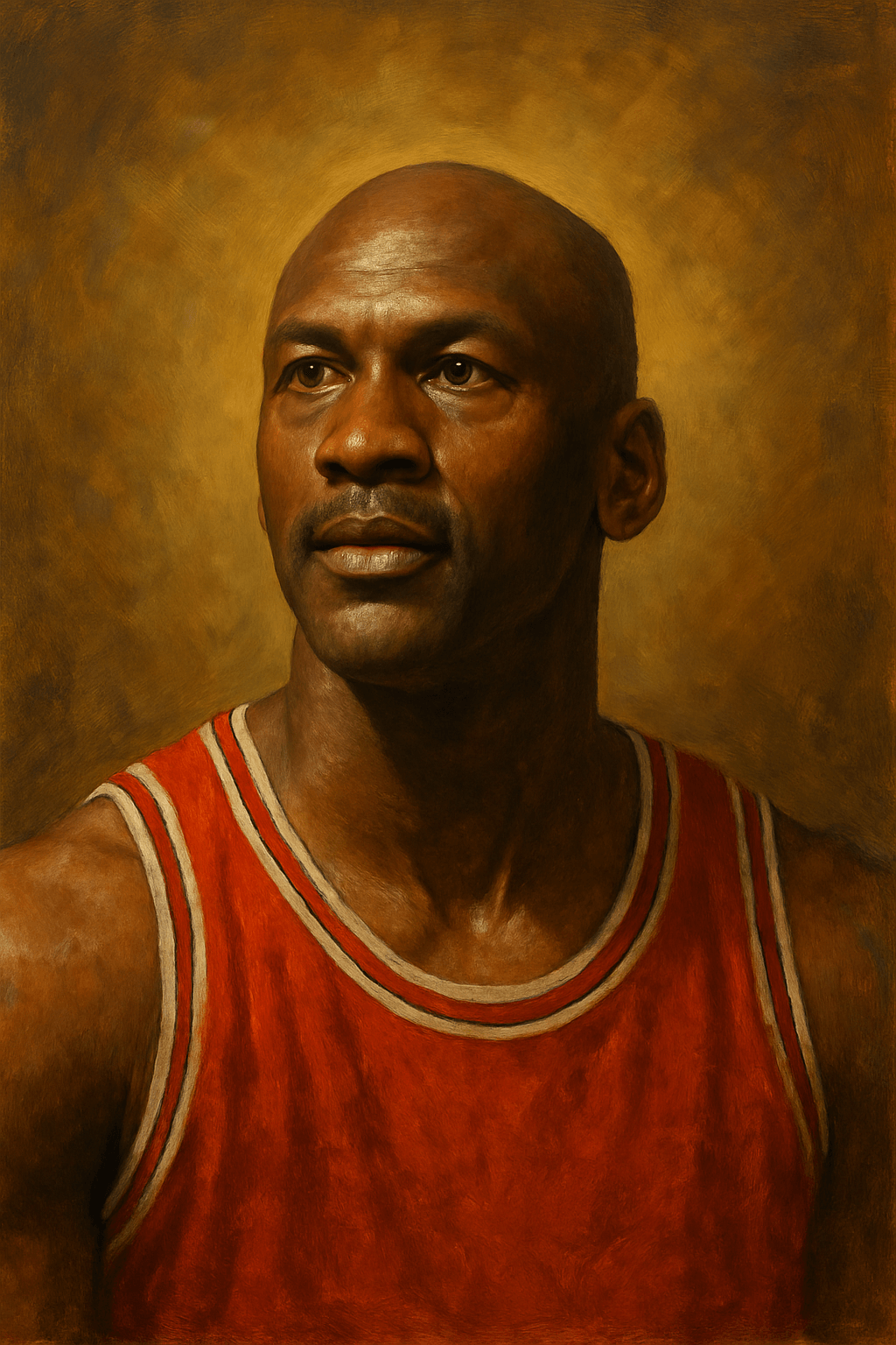 a classical oil painting-style portrait of Michael Jordan. He is depicted from the chest up, wearing his iconic red basketball jersey with white and black trim. His expression is serious and focused, looking slightly off to the side, exuding confidence and determination.