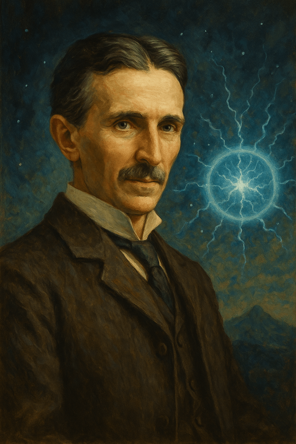 This image is a dramatic, oil painting-style portrait of Nikola Tesla. He is depicted from the chest up, wearing a dark brown suit with a high-collared white shirt and black tie. Tesla's expression is calm yet piercing, with his sharp cheekbones, narrow face, and deep-set eyes conveying intense focus and intelligence. His neatly groomed hair and mustache enhance the dignified, thoughtful tone of the portrait.