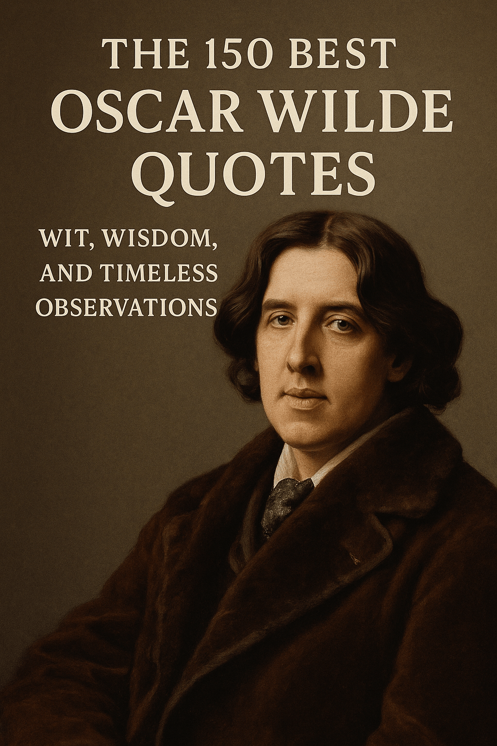 a stylized book cover titled “The 150 Best Oscar Wilde Quotes: Wit, Wisdom, and Timeless Observations.” The design is elegant and classic, with serif typography in large white lettering against a muted brown background. A dignified, painterly portrait of Oscar Wilde dominates the lower portion of the image. Wilde is depicted with shoulder-length wavy dark hair, dressed in a luxurious brown coat with a cravat, seated and gazing directly at the viewer with a composed, thoughtful expression. The lighting is soft and warm, giving the entire image a timeless, Victorian-era feel appropriate for a literary collection.