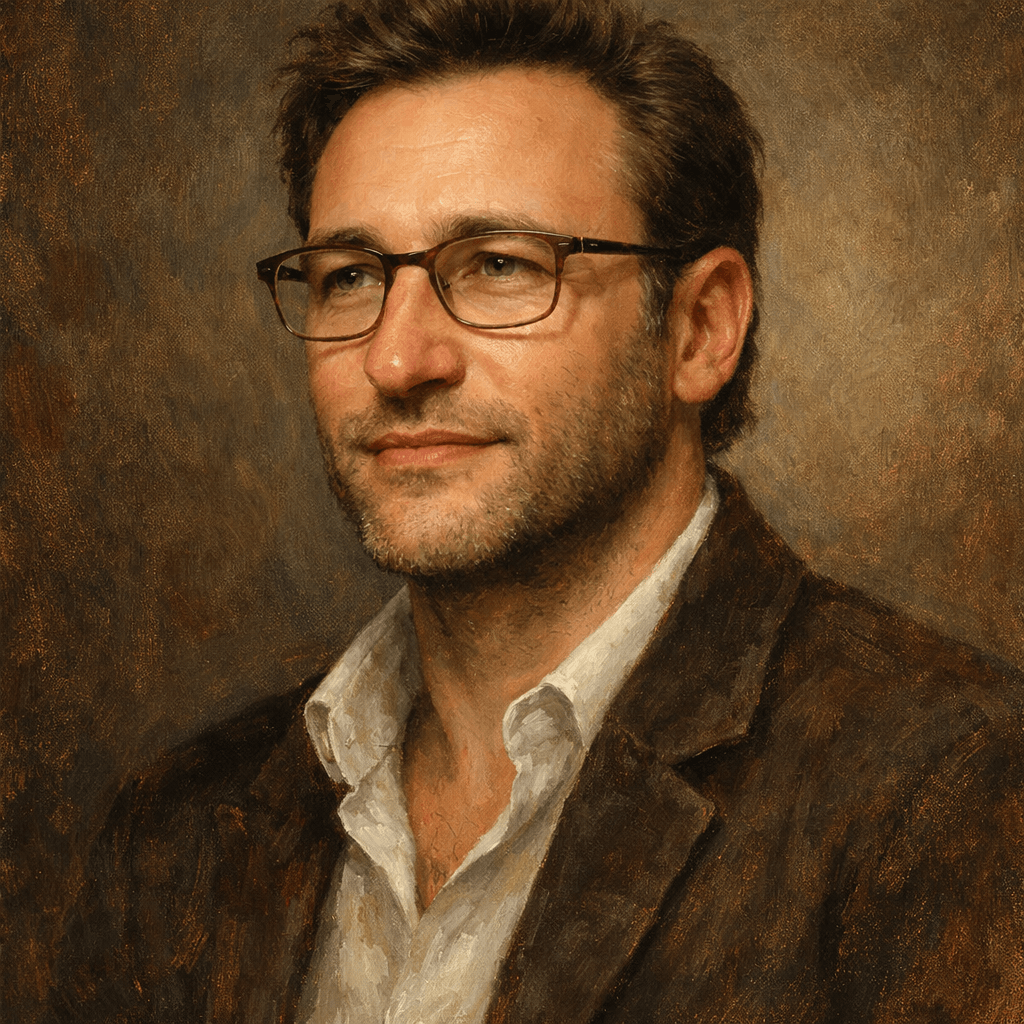 An oil painting of Simon Sinek