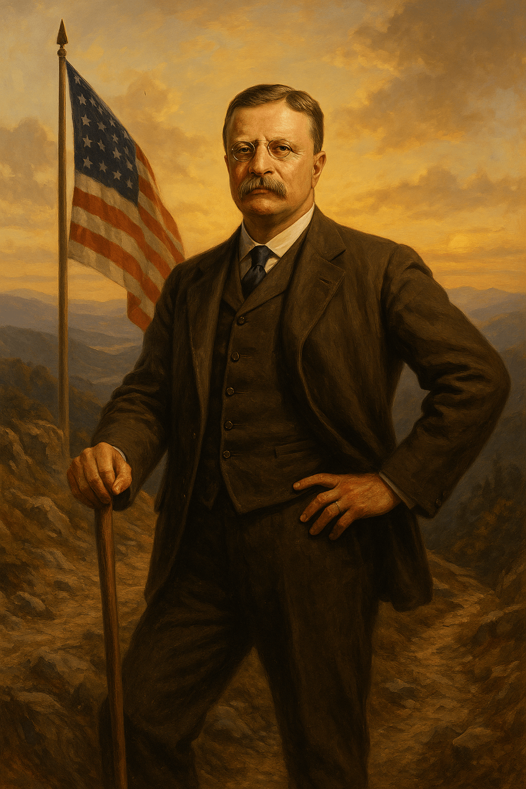 An oil painting of Theodore Roosevelt in front of an American flag