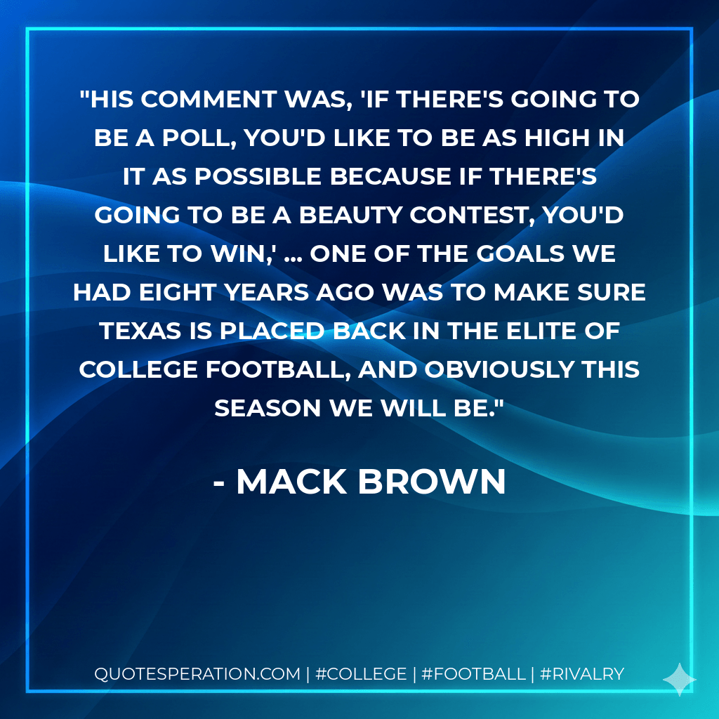 His comment was, 'If there's going to be a poll, you'd like to be as high in it as possible because if there's going to be a beauty contest, you'd like to win,' ... One of the goals we had eight years ago was to make sure Texas is placed back in the elite of college football, and obviously this season we will be. - Mack Brown