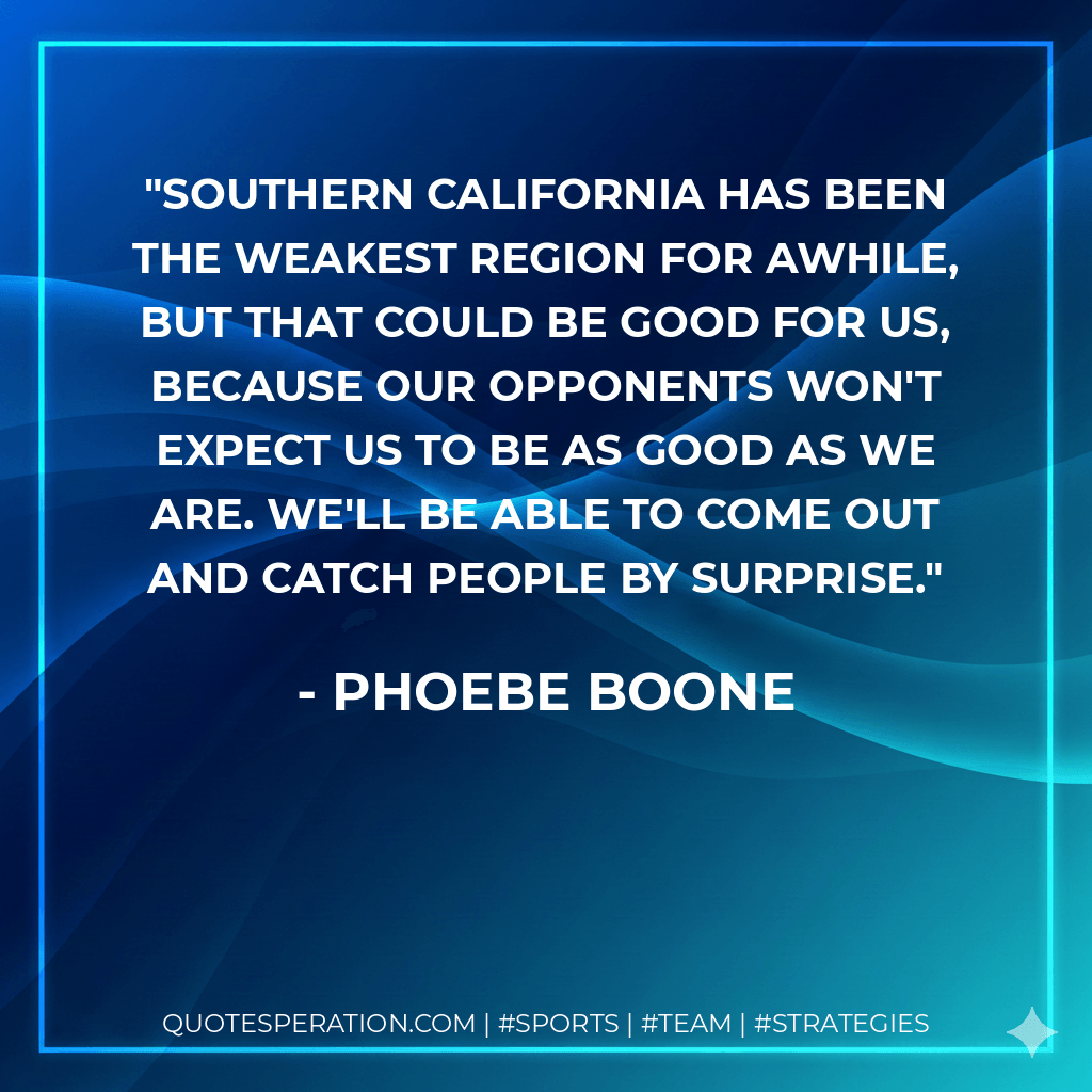 Southern California has been the weakest region for awhile, but that could be good for us, because our opponents won't expect us to be as good as we are. We'll be able to come out and catch people by surprise. - Phoebe Boone