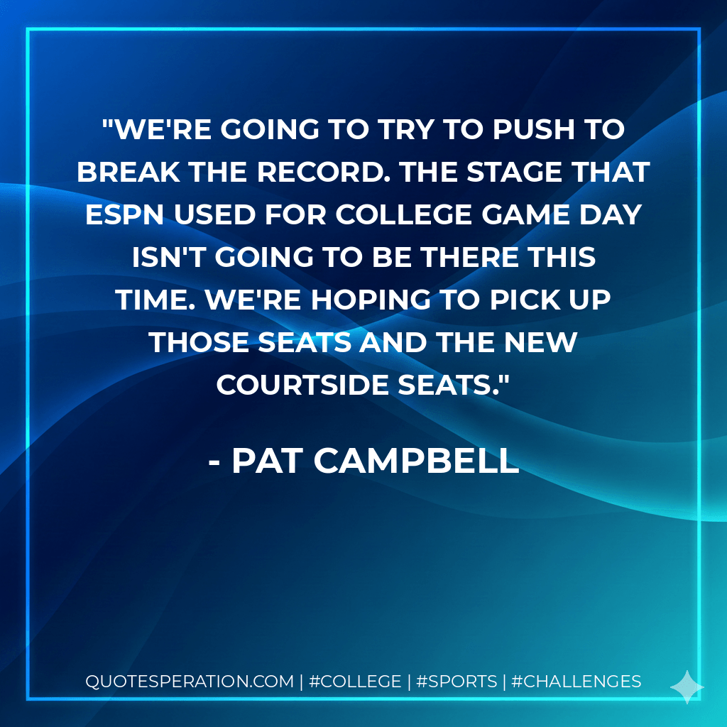 We're going to try to push to break the record. The stage that ESPN used for College Game Day isn't going to be there this time. We're hoping to pick up those seats and the new courtside seats. - Pat Campbell