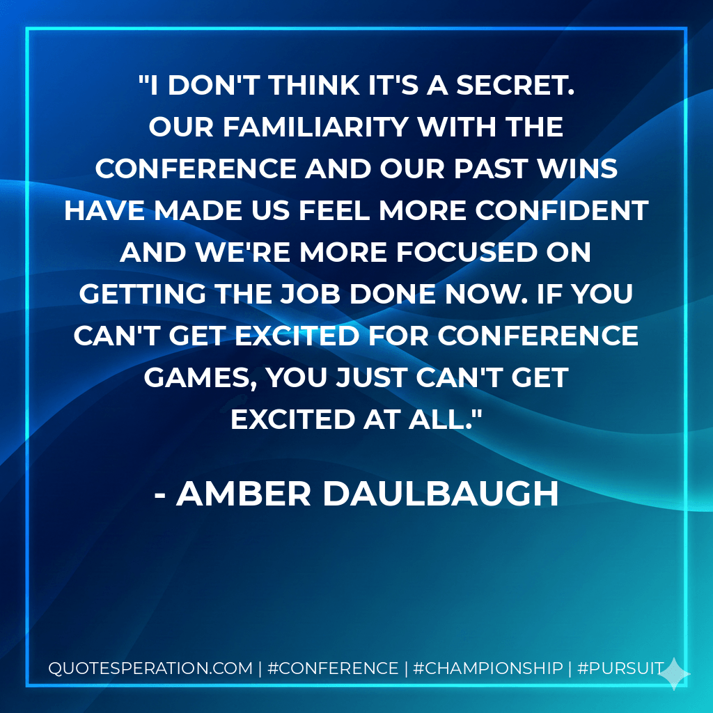 I don't think it's a secret. Our familiarity with the conference and our past wins have made us feel more confident and we're more focused on getting the job done now. If you can't get excited for conference games, you just can't get excited at all. - Amber Daulbaugh