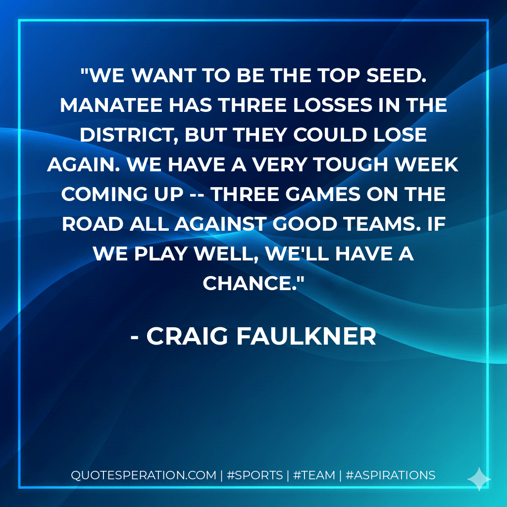 We want to be the top seed. Manatee has three losses in the district, but they could lose again. We have a very tough week coming up -- three games on the road all against good teams. If we play well, we'll have a chance. - Craig Faulkner