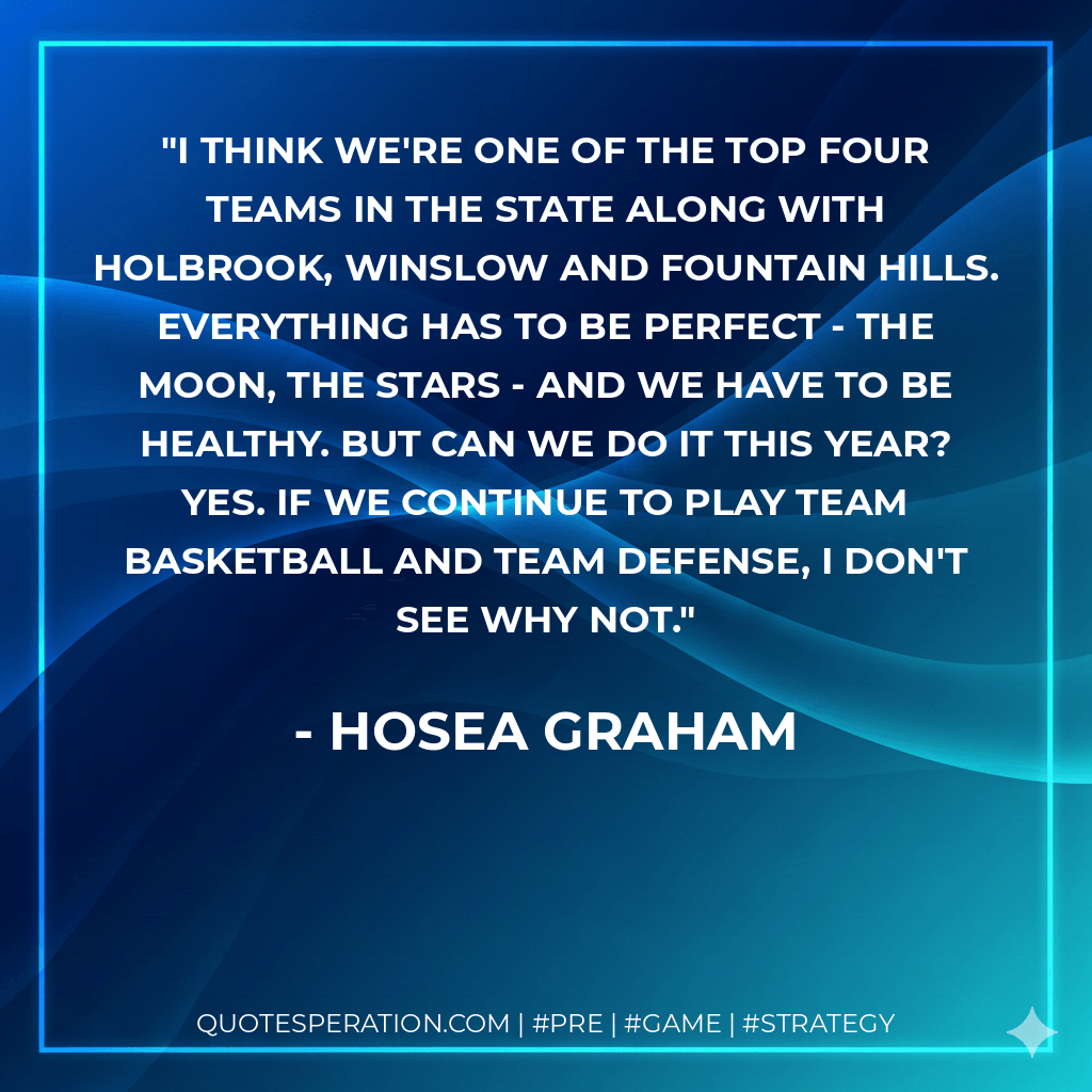 I think we're one of the top four teams in the state along with Holbrook, Winslow and Fountain Hills. Everything has to be perfect - the moon, the stars - and we have to be healthy. But can we do it this year? Yes. If we continue to play team basketball and team defense, I don't see why not. - Hosea Graham