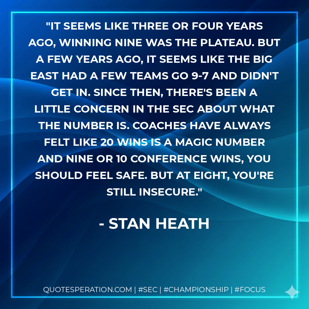 It seems like three or four years ago, winning nine was the plateau. But a few years ago, it seems like the Big East had a few teams go 9-7 and didn't get in. Since then, there's been a little concern in the SEC about what the number is. Coaches have always felt like 20 wins is a magic number and nine or 10 conference wins, you should feel safe. But at eight, you're still insecure. - Stan Heath
