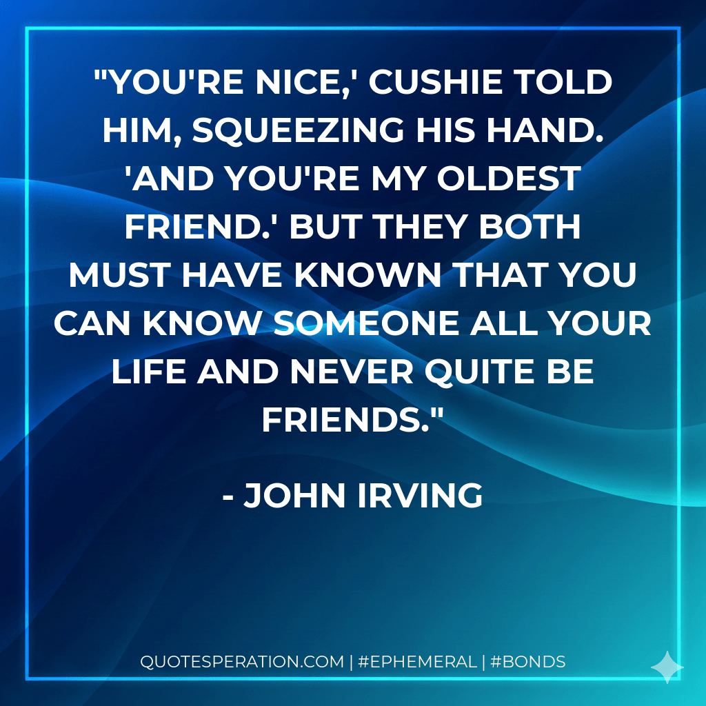 You're nice,' Cushie told him, squeezing his hand. 'And you're my oldest friend.' But they both must have known that you can know someone all your life and never quite be friends. - John Irving