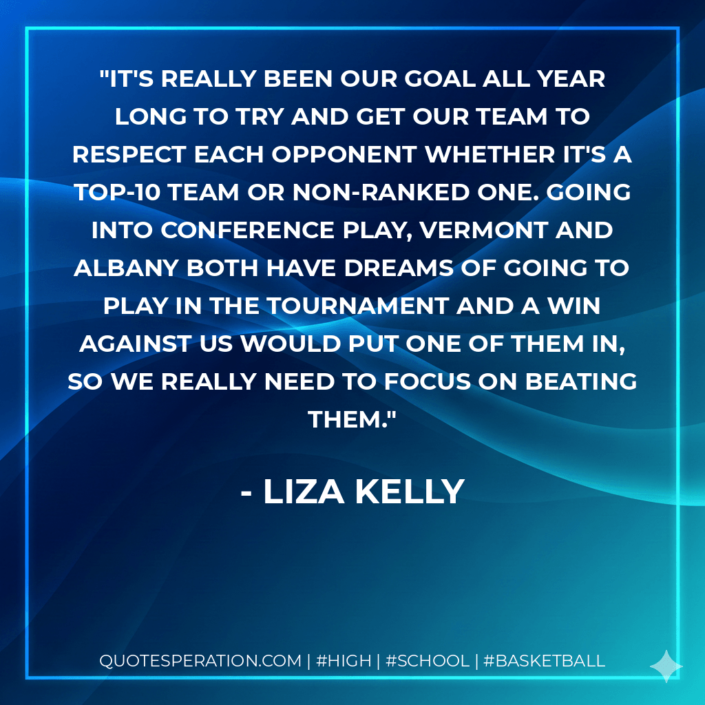 It's really been our goal all year long to try and get our team to respect each opponent whether it's a top-10 team or non-ranked one. Going into conference play, Vermont and Albany both have dreams of going to play in the tournament and a win against us would put one of them in, so we really need to focus on beating them. - Liza Kelly