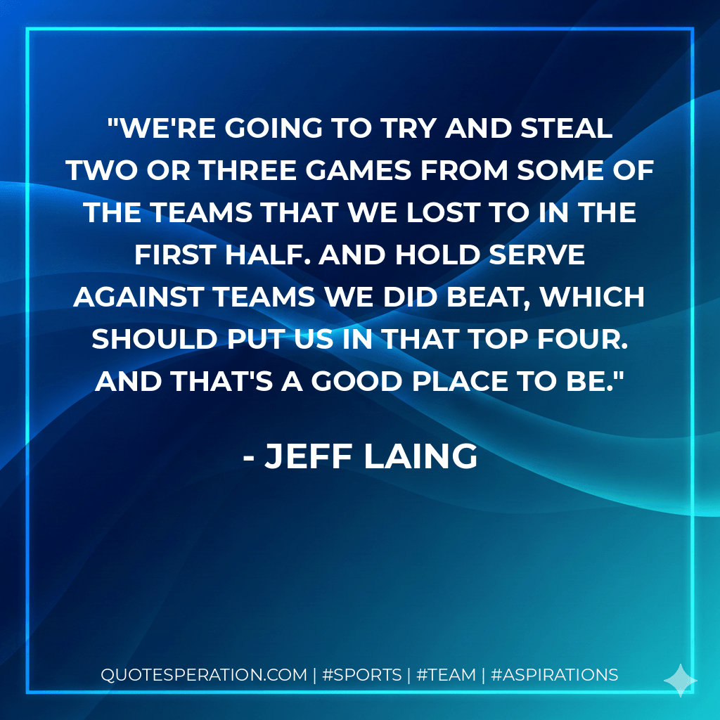 We're going to try and steal two or three games from some of the teams that we lost to in the first half. And hold serve against teams we did beat, which should put us in that top four. And that's a good place to be. - Jeff Laing
