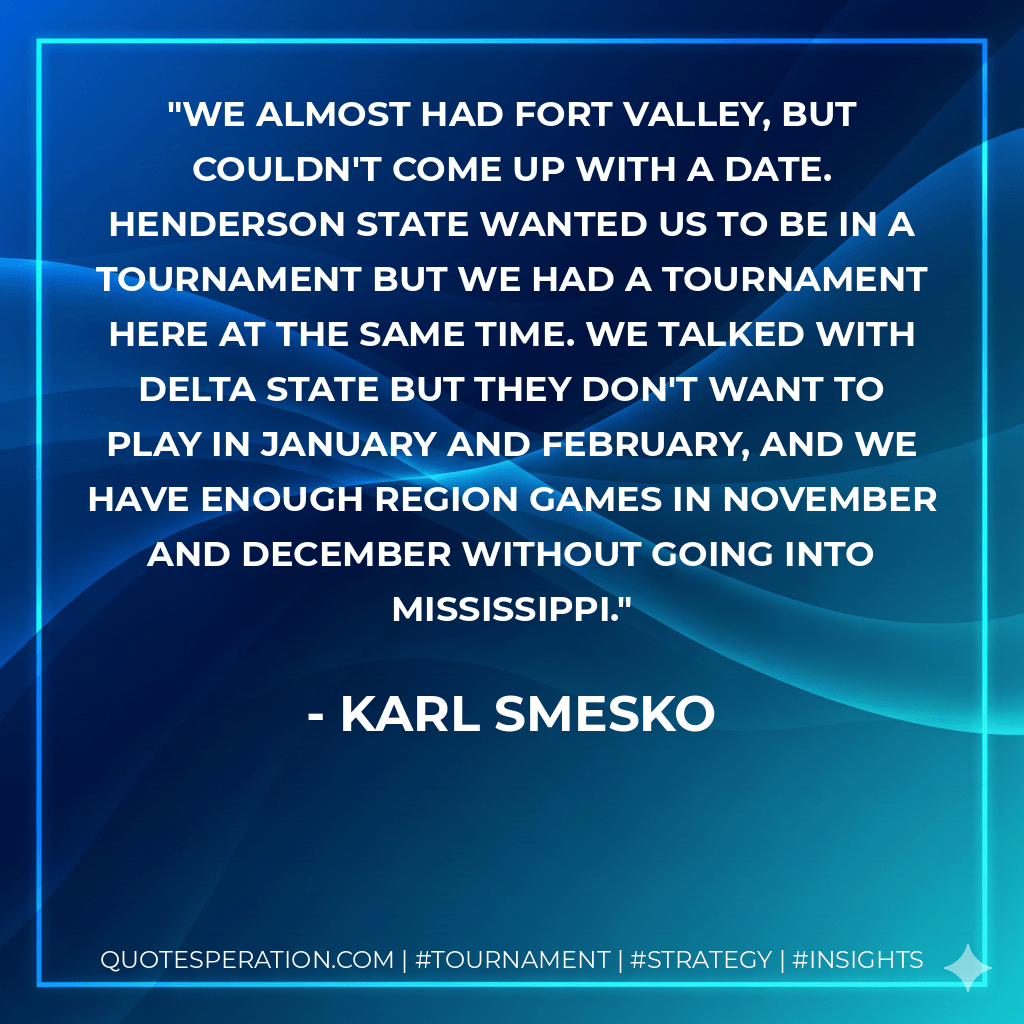 We almost had Fort Valley, but couldn't come up with a date. Henderson State wanted us to be in a tournament but we had a tournament here at the same time. We talked with Delta State but they don't want to play in January and February, and we have enough region games in November and December without going into Mississippi. - Karl Smesko