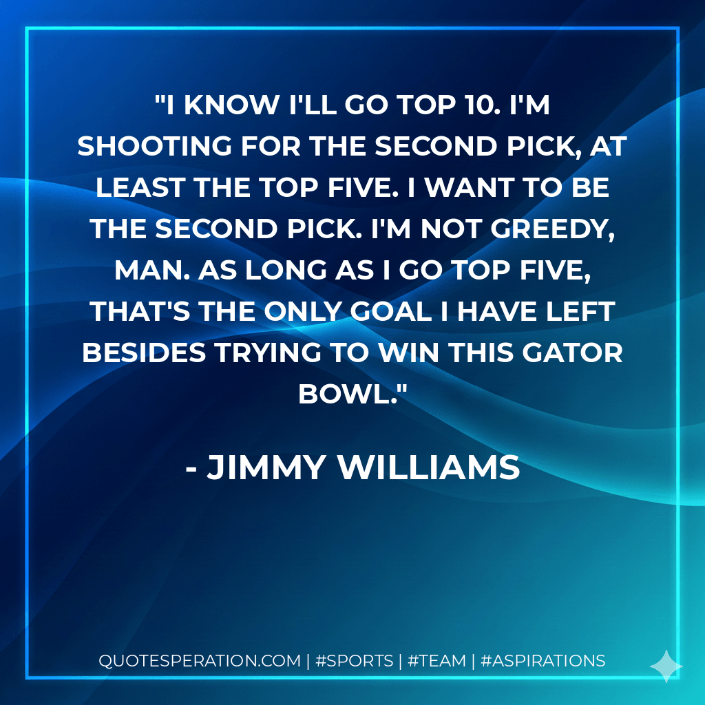 I know I'll go top 10. I'm shooting for the second pick, at least the top five. I want to be the second pick. I'm not greedy, man. As long as I go top five, that's the only goal I have left besides trying to win this Gator Bowl. - Jimmy Williams