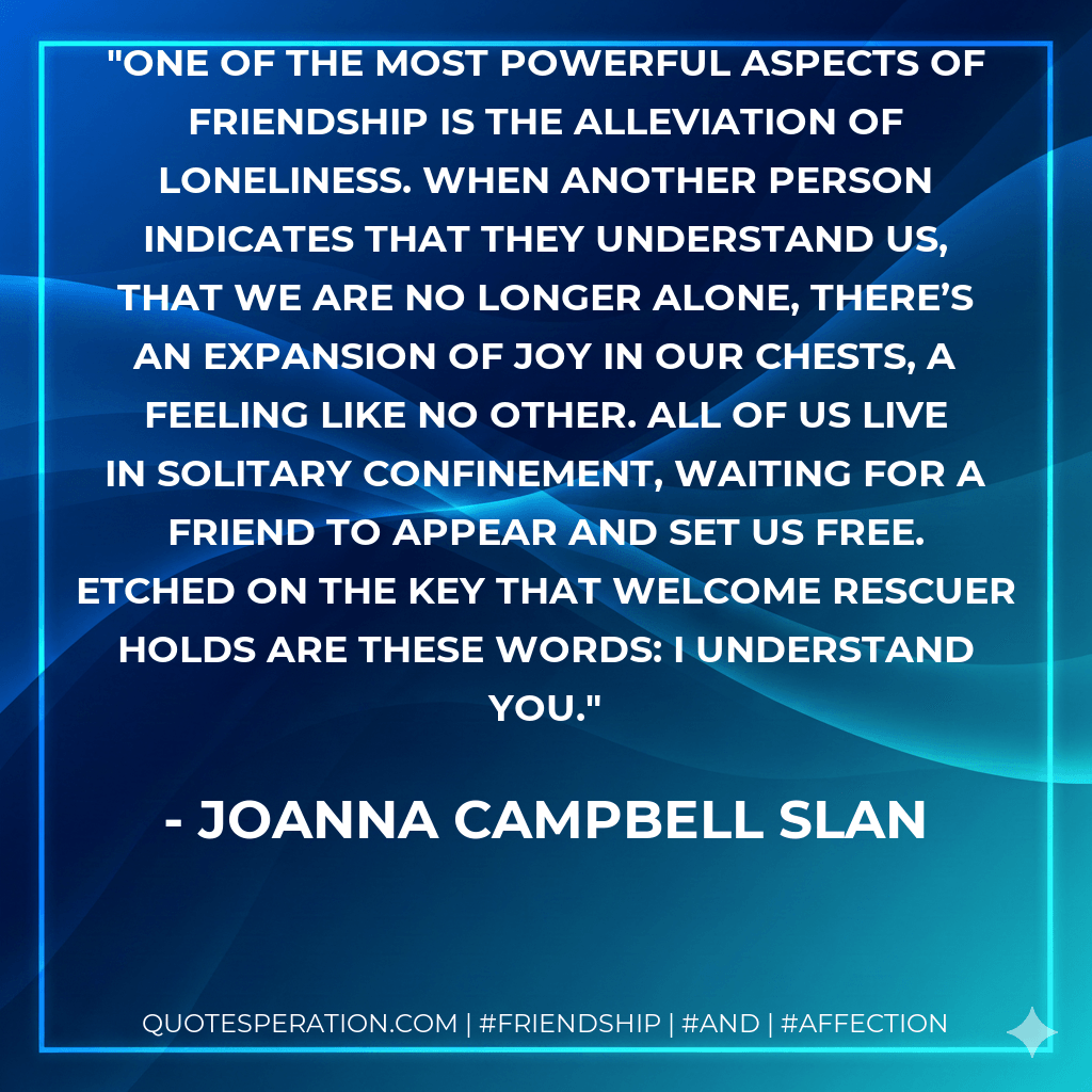 One of the most powerful aspects of friendship is the alleviation of loneliness. When another person indicates that they understand us, that we are no longer alone, there’s an expansion of joy in our chests, a feeling like no other. All of us live in solitary confinement, waiting for a friend to appear and set us free. Etched on the key that welcome rescuer holds are these words: I understand you. - Joanna Campbell Slan