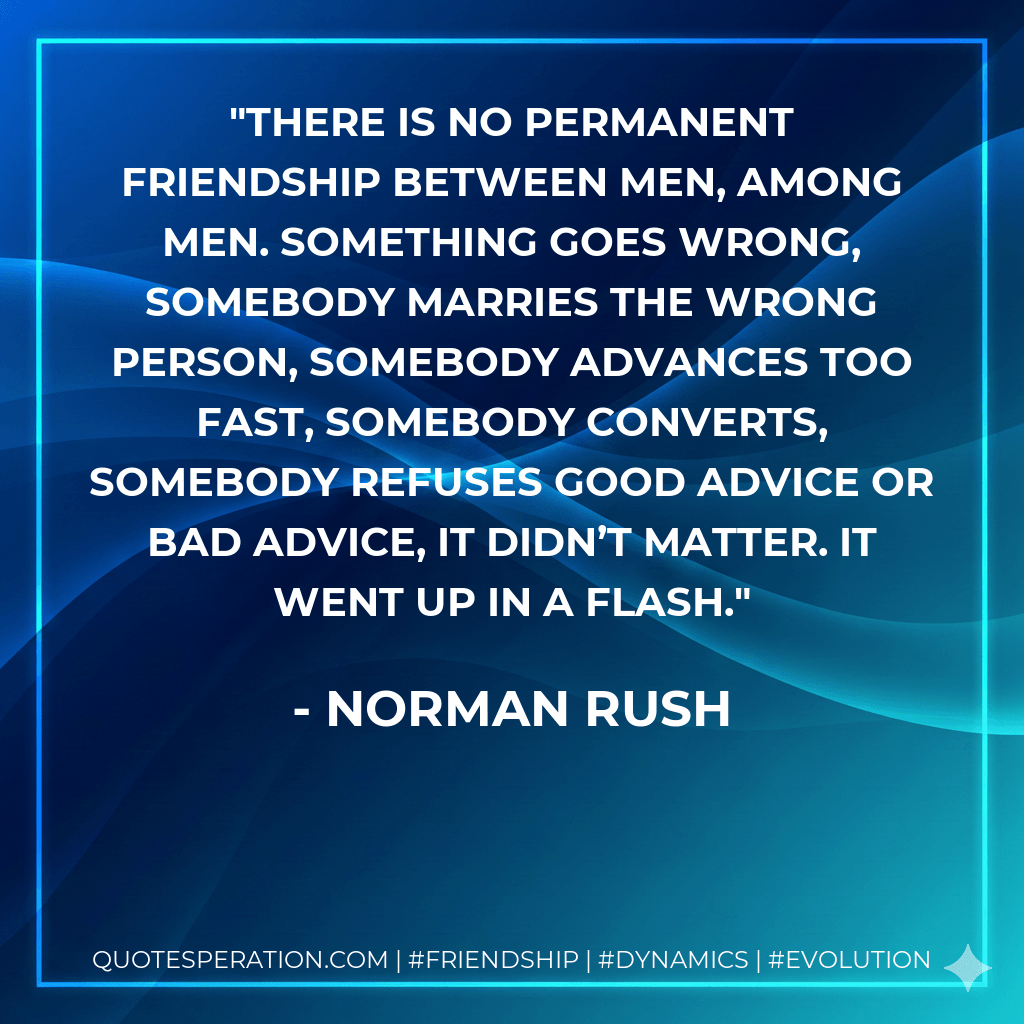 There is no permanent friendship between men, among men. Something goes wrong, somebody marries the wrong person, somebody advances too fast, somebody converts, somebody refuses good advice or bad advice, it didn’t matter. It went up in a flash. - Norman Rush