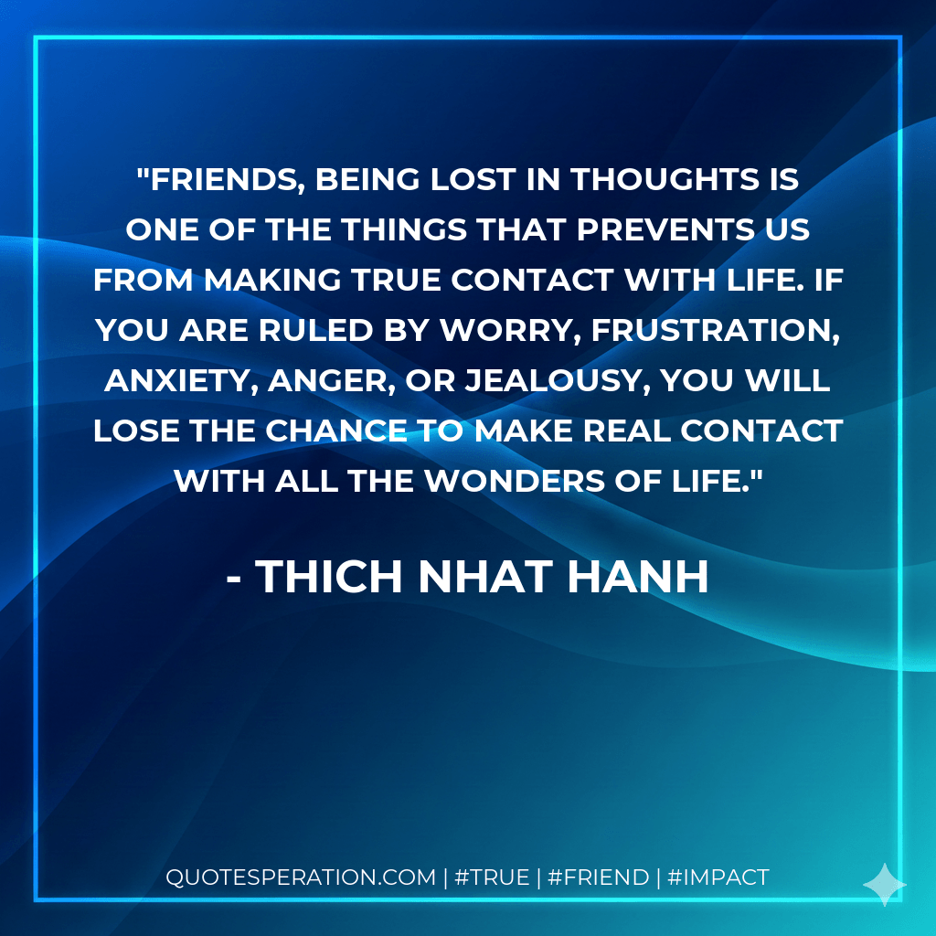 Friends, being lost in thoughts is one of the things that prevents us from making true contact with life. If you are ruled by worry, frustration, anxiety, anger, or jealousy, you will lose the chance to make real contact with all the wonders of life. - Thich Nhat Hanh