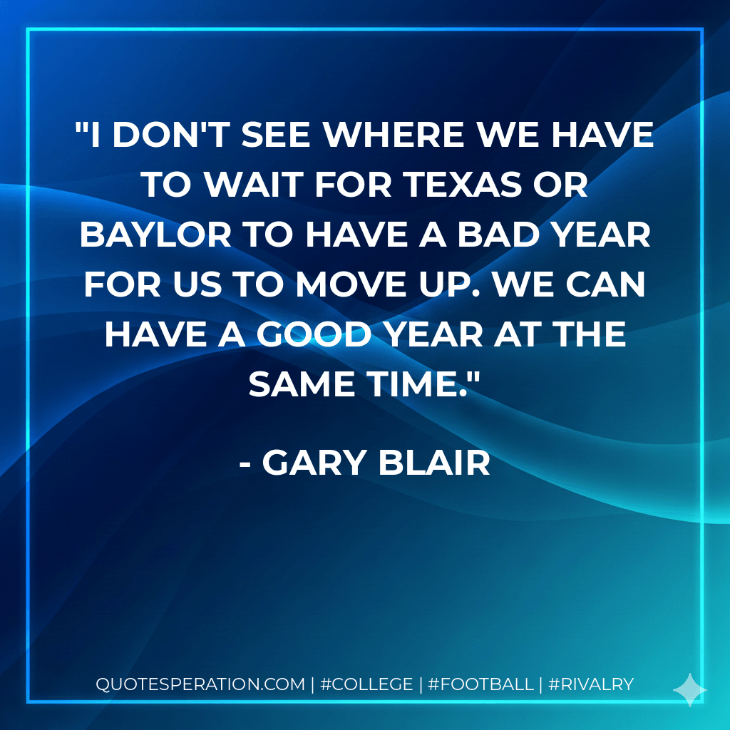 I don't see where we have to wait for Texas or Baylor to have a bad year for us to move up. We can have a good year at the same time. - Gary Blair