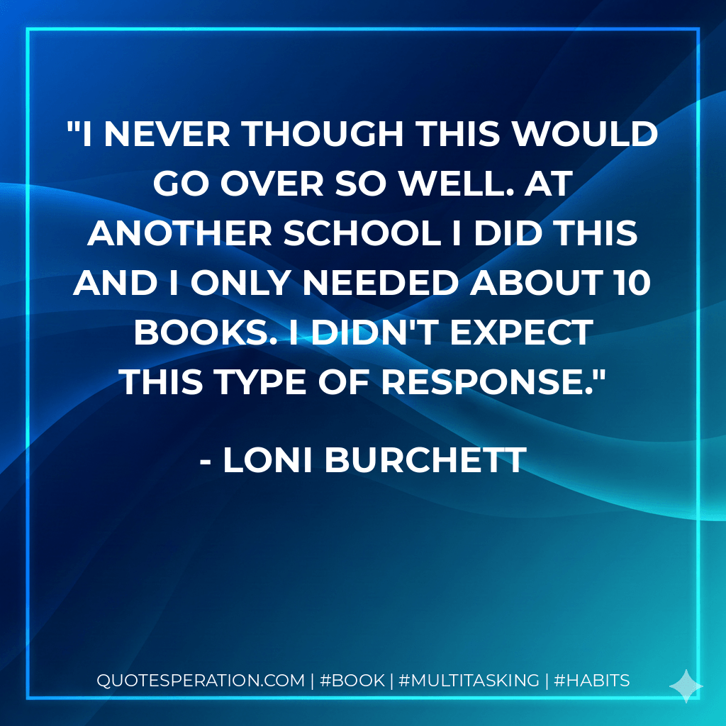 I never though this would go over so well. At another school I did this and I only needed about 10 books. I didn't expect this type of response. - Loni Burchett