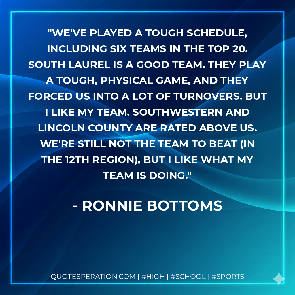We've played a tough schedule, including six teams in the top 20. South Laurel is a good team. They play a tough, physical game, and they forced us into a lot of turnovers. But I like my team. Southwestern and Lincoln County are rated above us. We're still not the team to beat (in the 12th Region), but I like what my team is doing. - Ronnie Bottoms