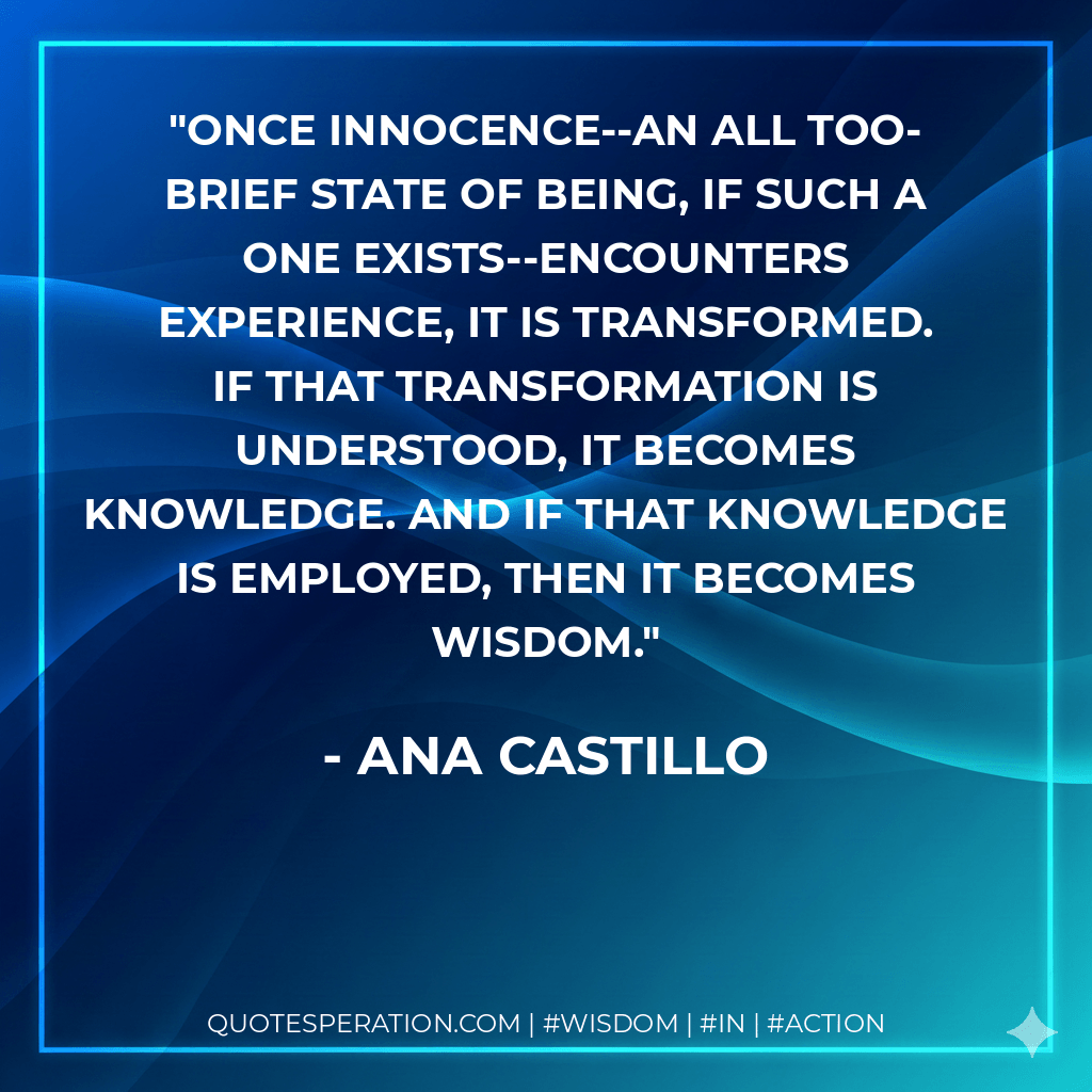 Once innocence--an all too-brief state of being, if such a one exists--encounters experience, it is transformed. If that transformation is understood, it becomes knowledge. And if that knowledge is employed, then it becomes wisdom. - Ana Castillo