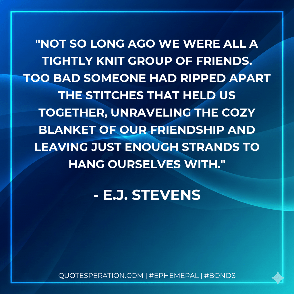 Not so long ago we were all a tightly knit group of friends. Too bad someone had ripped apart the stitches that held us together, unraveling the cozy blanket of our friendship and leaving just enough strands to hang ourselves with. - E.J. Stevens