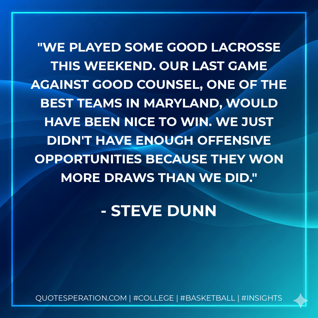 We played some good lacrosse this weekend. Our last game against Good Counsel, one of the best teams in Maryland, would have been nice to win. We just didn't have enough offensive opportunities because they won more draws than we did. - Steve Dunn