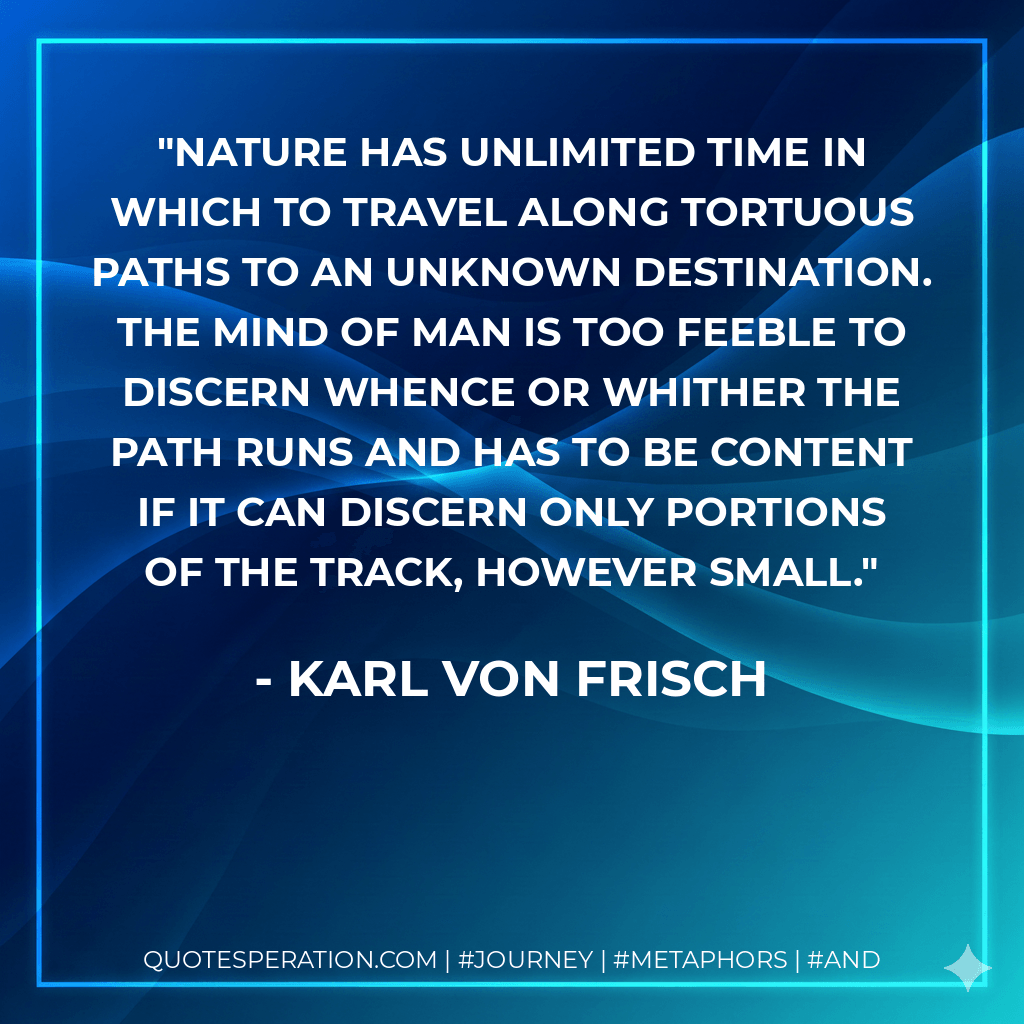 Nature has unlimited time in which to travel along tortuous paths to an unknown destination. The mind of man is too feeble to discern whence or whither the path runs and has to be content if it can discern only portions of the track, however small. - Karl Von Frisch