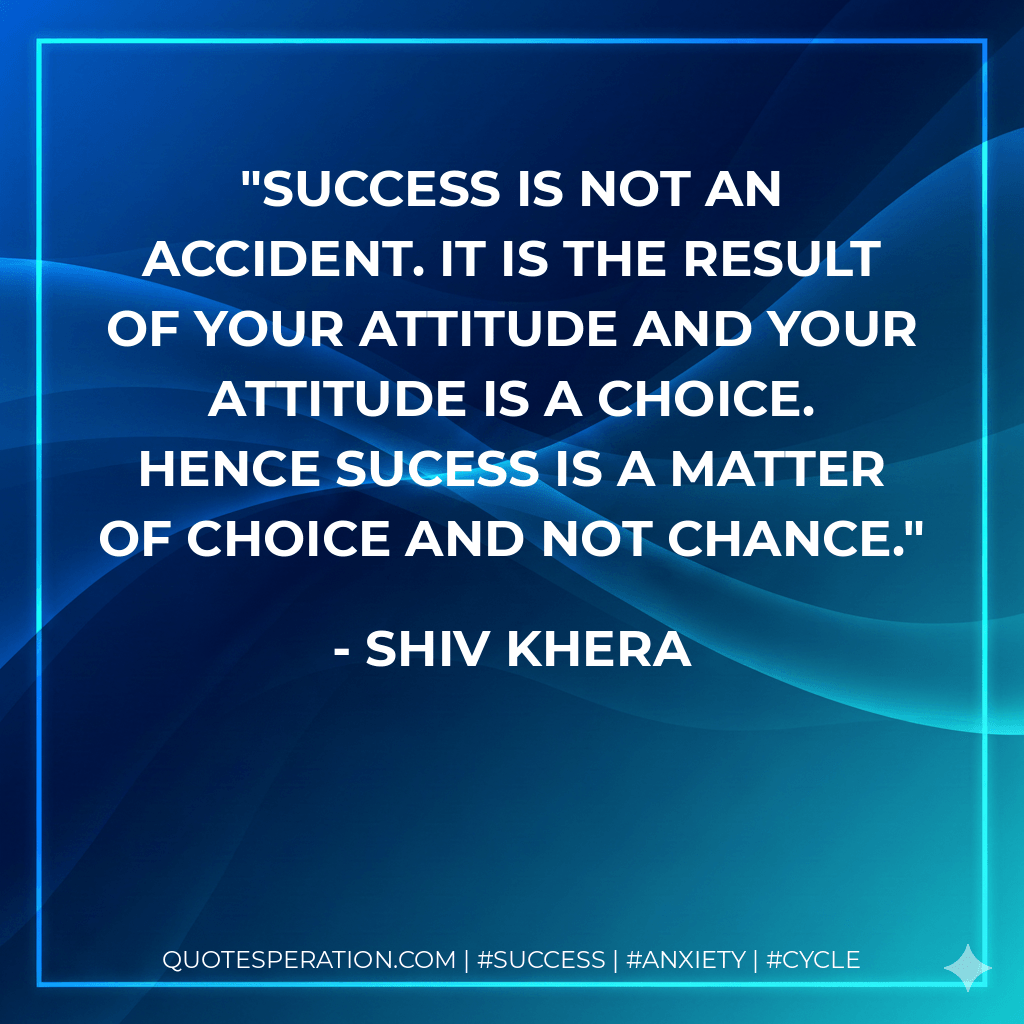Success is not an accident. It is the result of your attitude and your attitude is a choice. Hence sucess is a matter of choice and not chance. - Shiv Khera