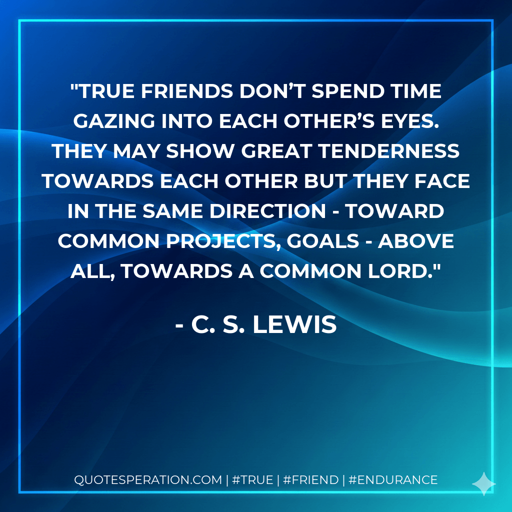 True friends don’t spend time gazing into each other’s eyes. They may show great tenderness towards each other but they face in the same direction - toward common projects, goals - above all, towards a common Lord. - C. S. Lewis