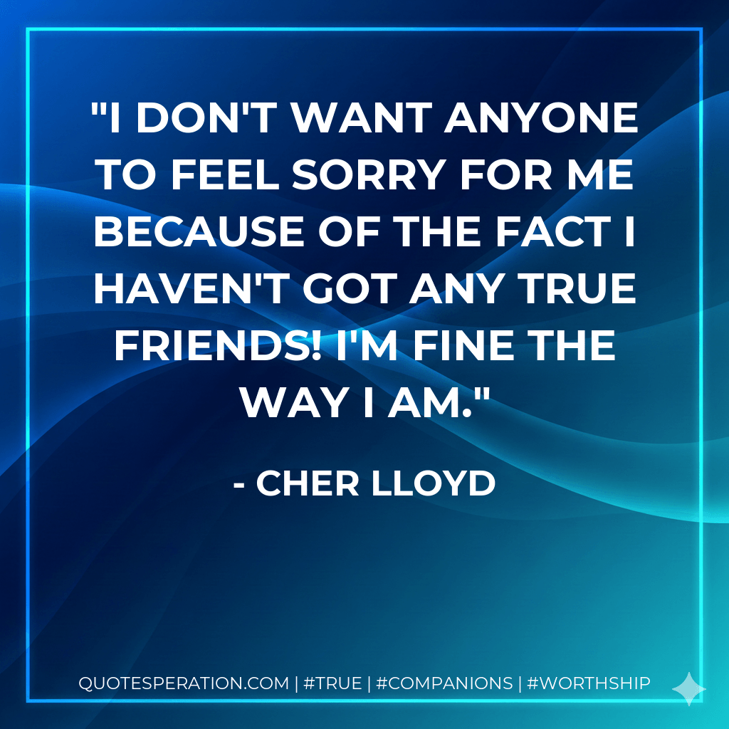 I don't want anyone to feel sorry for me because of the fact I haven't got any true friends! I'm fine the way I am. - Cher Lloyd