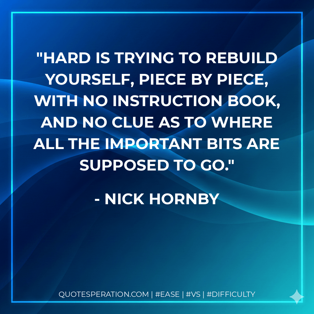 Hard is trying to rebuild yourself, piece by piece, with no instruction book, and no clue as to where all the important bits are supposed to go. - Nick Hornby