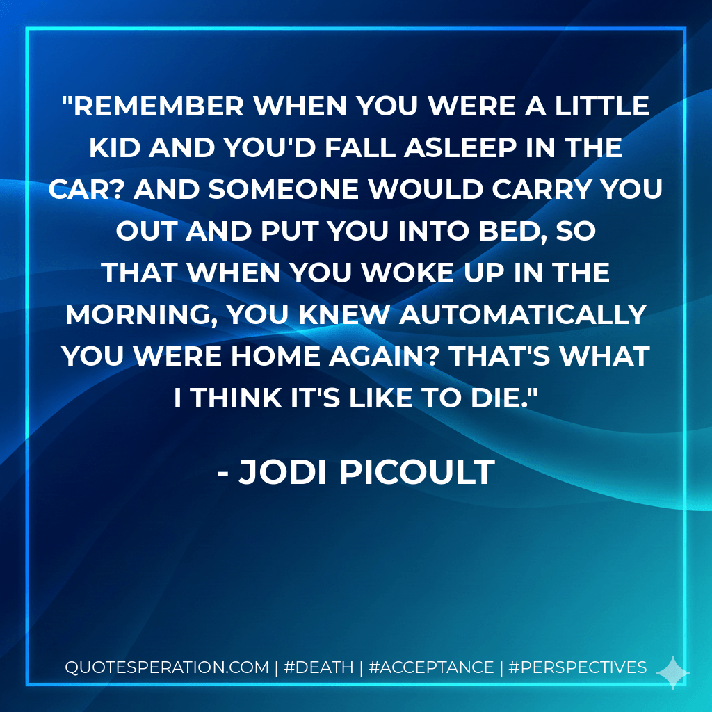 Remember when you were a little kid and you'd fall asleep in the car? And someone would carry you out and put you into bed, so that when you woke up in the morning, you knew automatically you were home again? That's what I think it's like to die. - Jodi Picoult