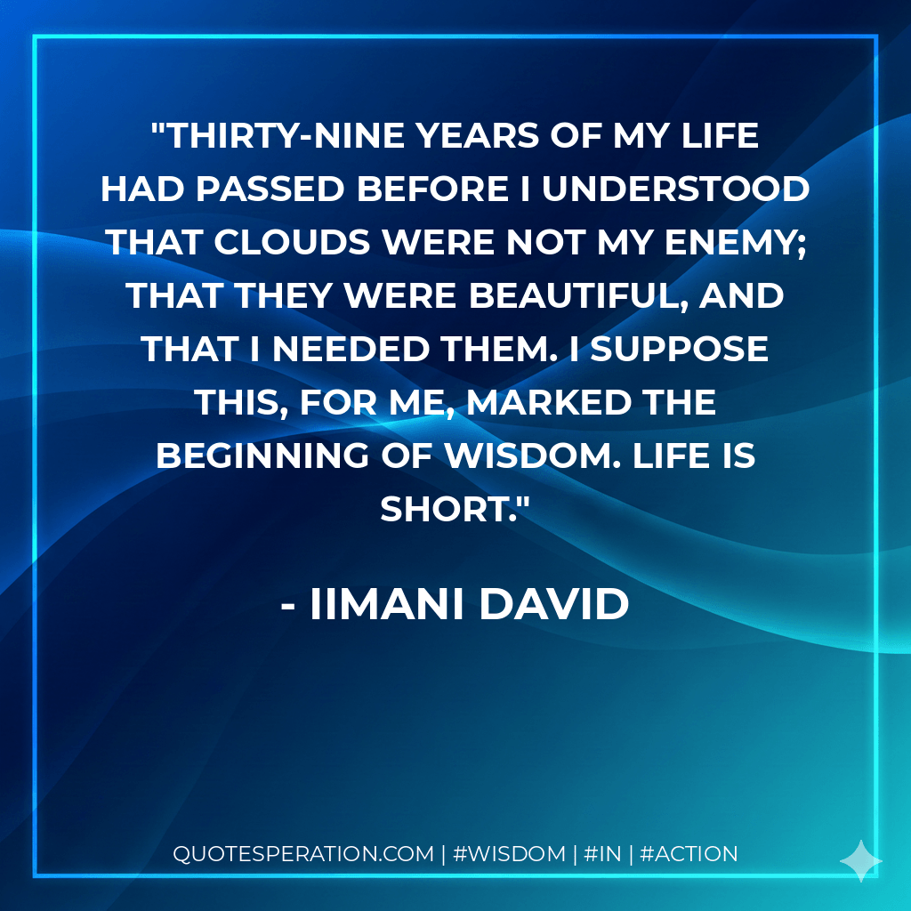 Thirty-nine years of my life had passed before I understood that clouds were not my enemy; that they were beautiful, and that I needed them. I suppose this, for me, marked the beginning of wisdom. Life is short. - Iimani David