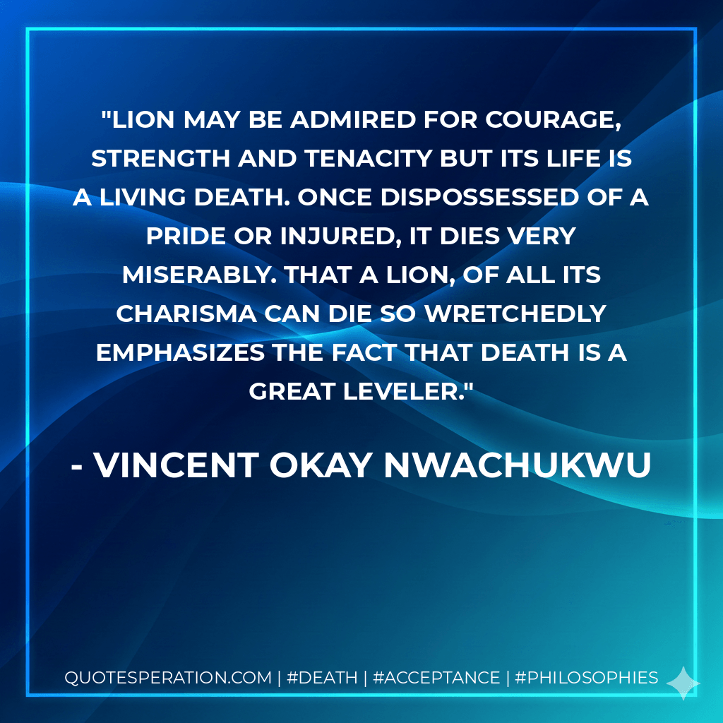Lion may be admired for courage, strength and tenacity but its life is a living death. Once dispossessed of a pride or injured, it dies very miserably. That a lion, of all its charisma can die so wretchedly emphasizes the fact that death is a great leveler. - Vincent Okay Nwachukwu