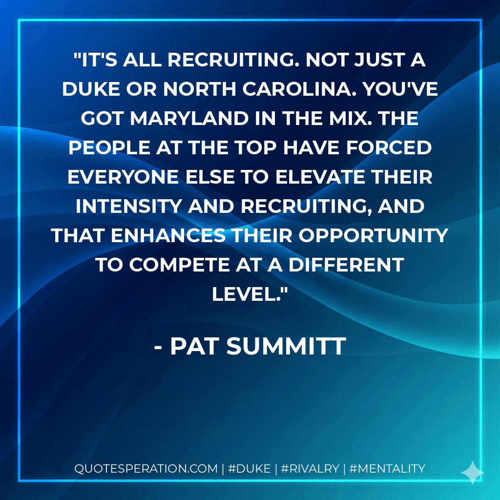 It's all recruiting. Not just a Duke or North Carolina. You've got Maryland in the mix. The people at the top have forced everyone else to elevate their intensity and recruiting, and that enhances their opportunity to compete at a different level. - Pat Summitt