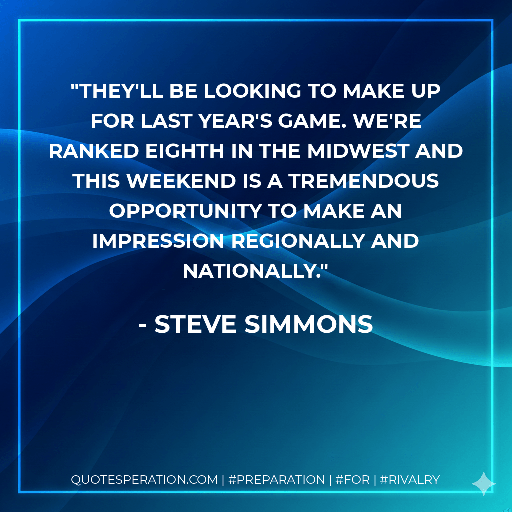 They'll be looking to make up for last year's game. We're ranked eighth in the Midwest and this weekend is a tremendous opportunity to make an impression regionally and nationally. - Steve Simmons