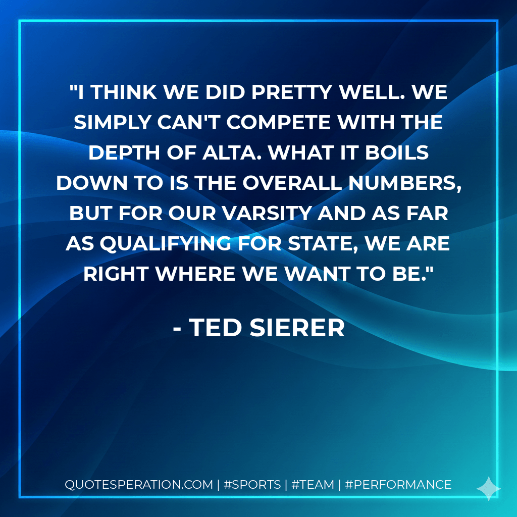 I think we did pretty well. We simply can't compete with the depth of Alta. What it boils down to is the overall numbers, but for our varsity and as far as qualifying for state, we are right where we want to be. - Ted Sierer