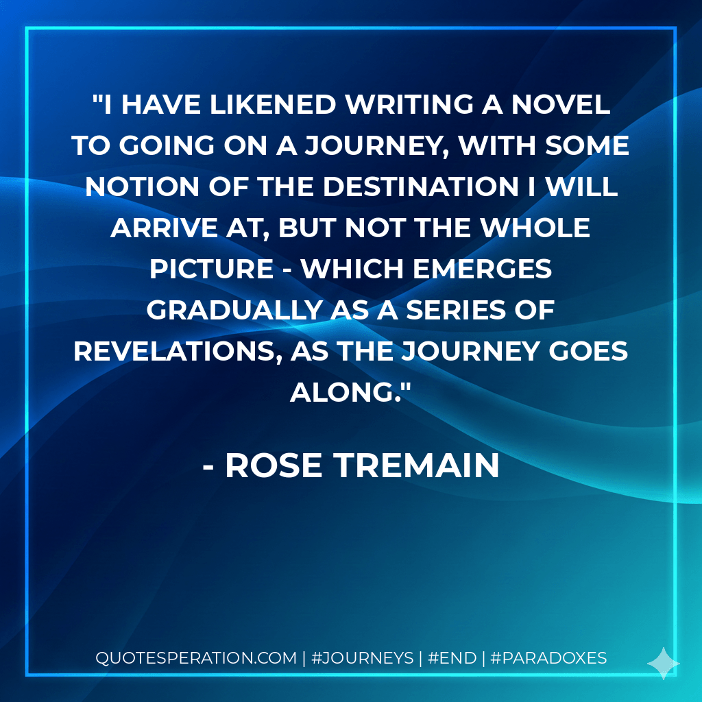 I have likened writing a novel to going on a journey, with some notion of the destination I will arrive at, but not the whole picture - which emerges gradually as a series of revelations, as the journey goes along. - Rose Tremain