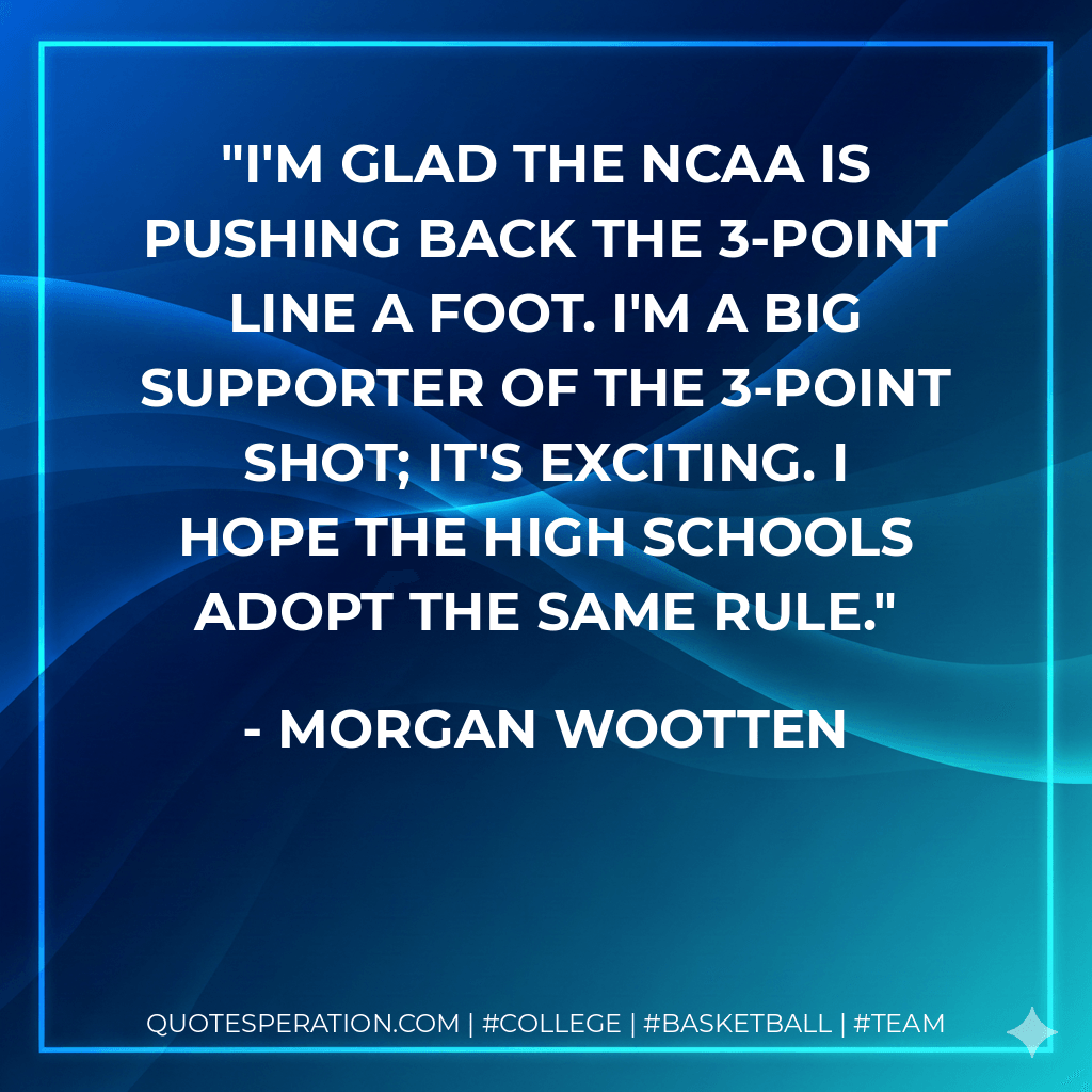 I'm glad the NCAA is pushing back the 3-point line a foot. I'm a big supporter of the 3-point shot; it's exciting. I hope the high schools adopt the same rule.