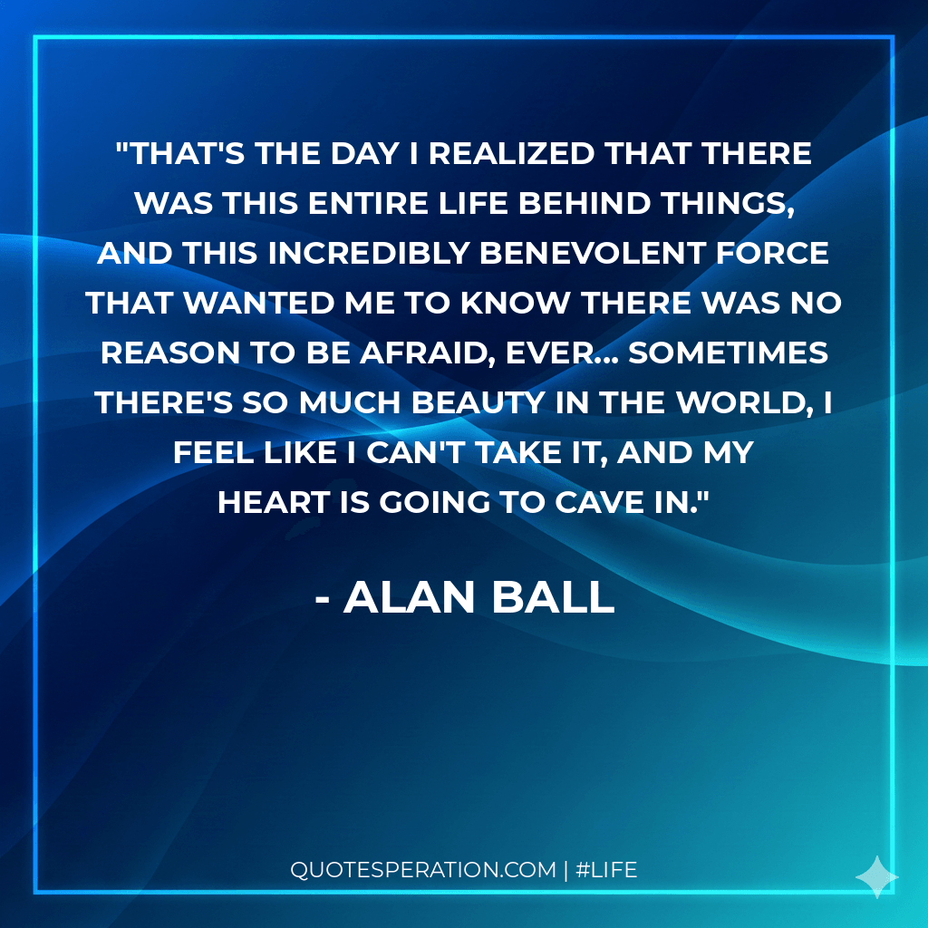 That's the day I realized that there was this entire life behind things, and this incredibly benevolent force that wanted me to know there was no reason to be afraid, ever... Sometimes there's so much beauty in the world, I feel like I can't take it, and my heart is going to cave in.