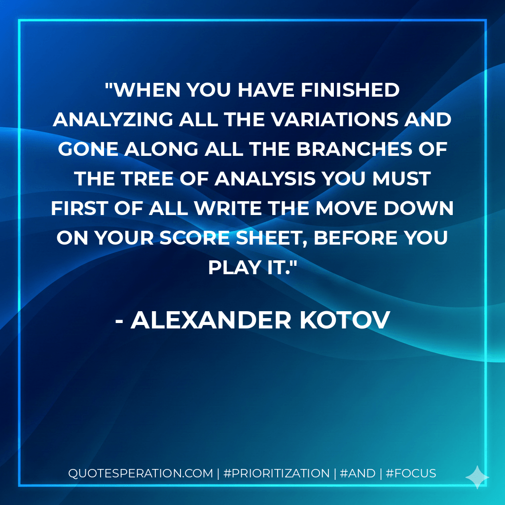 When you have finished analyzing all the variations and gone along all the branches of the tree of analysis you must first of all write the move down on your score sheet, before you play it. - Alexander Kotov