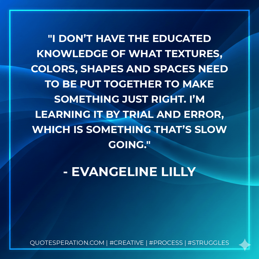I don’t have the educated knowledge of what textures, colors, shapes and spaces need to be put together to make something just right. I’m learning it by trial and error, which is something that’s slow going. - Evangeline Lilly
