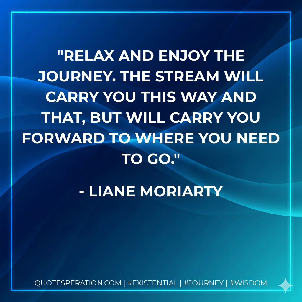 Relax and enjoy the journey. The stream will carry you this way and that, but will carry you forward to where you need to go. - Liane Moriarty