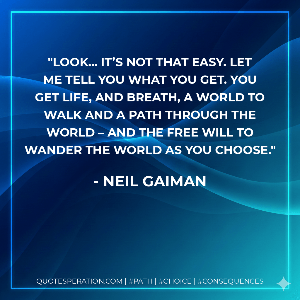 Look... it’s not that easy. Let me tell you what you get. You get life, and breath, a world to walk and a path through the world – and the free will to wander the world as you choose. - Neil Gaiman