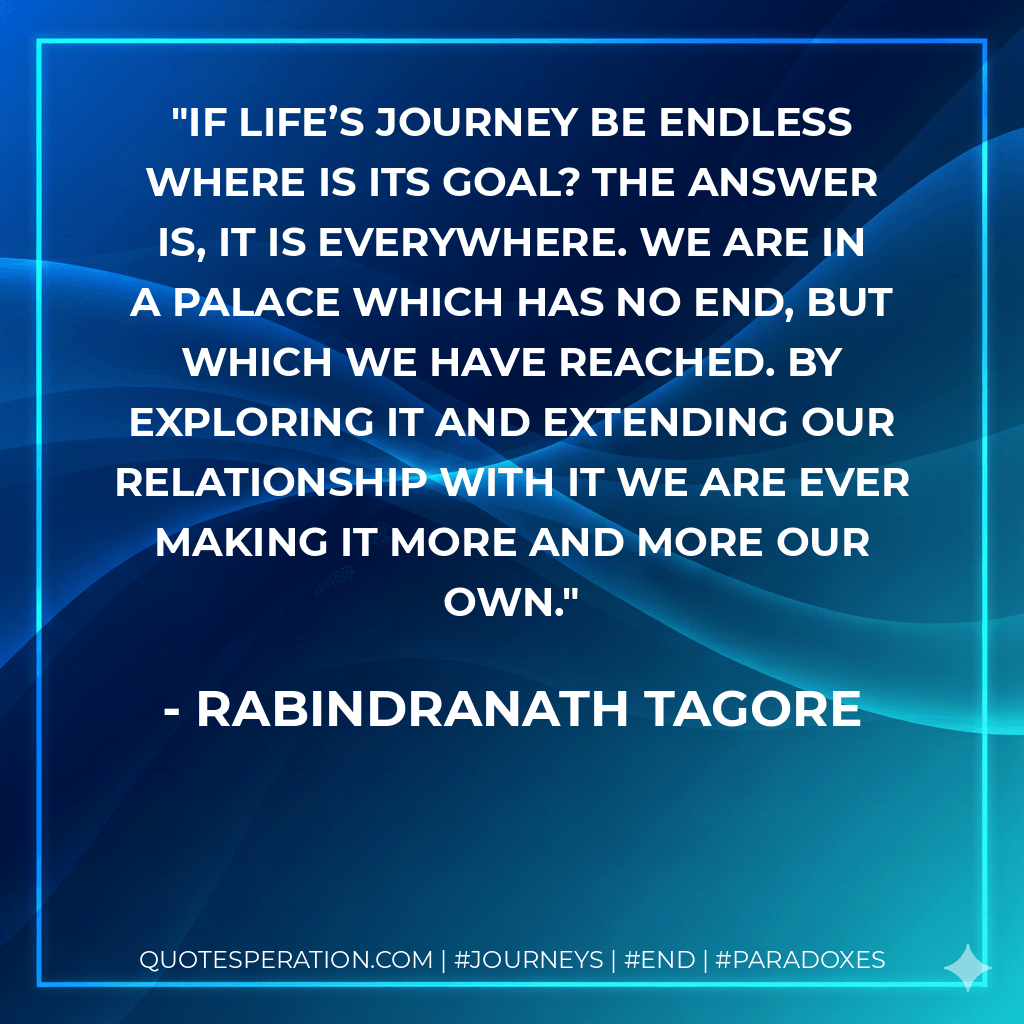 If life’s journey be endless where is its goal? The answer is, it is everywhere. We are in a palace which has no end, but which we have reached. By exploring it and extending our relationship with it we are ever making it more and more our own. - Rabindranath Tagore